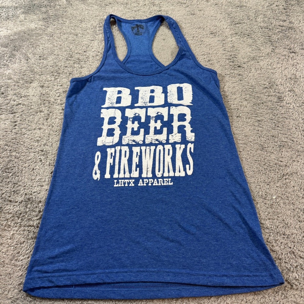 LHTX Apparel Womens BBQ Beer Fireworks Racerback Tank Top Medium Blue Graphic